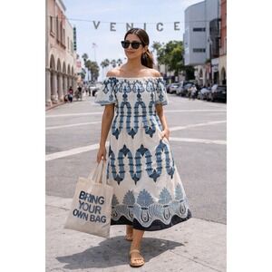 La DoubleJ Breakfast Dress Women L Ivory Blue Scirocco Poplin NWT Off Shoulder